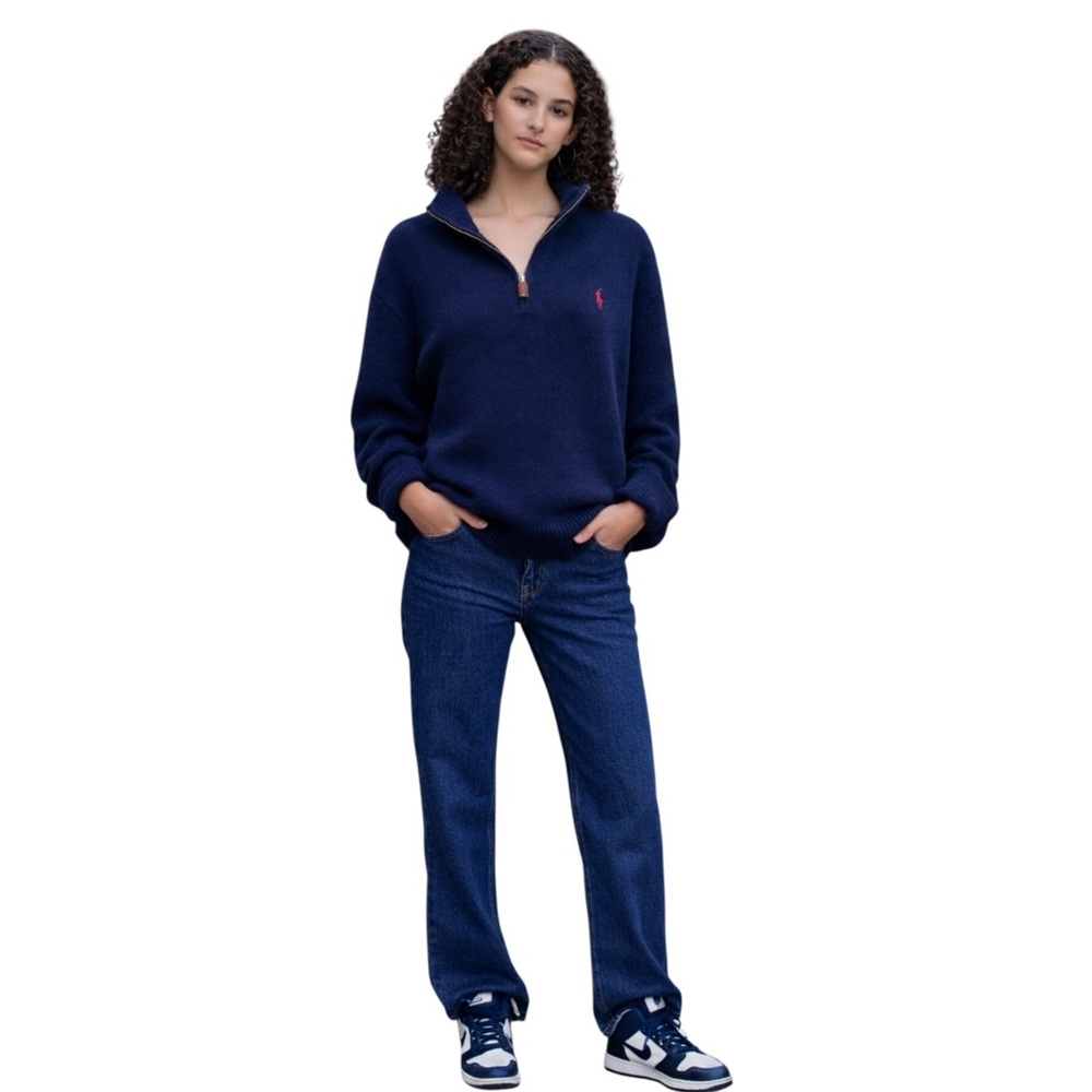 Ralph Lauren Navy Blue Preppy Oversized Quarter Zip Pullover Sweater - Picture 10 of 10